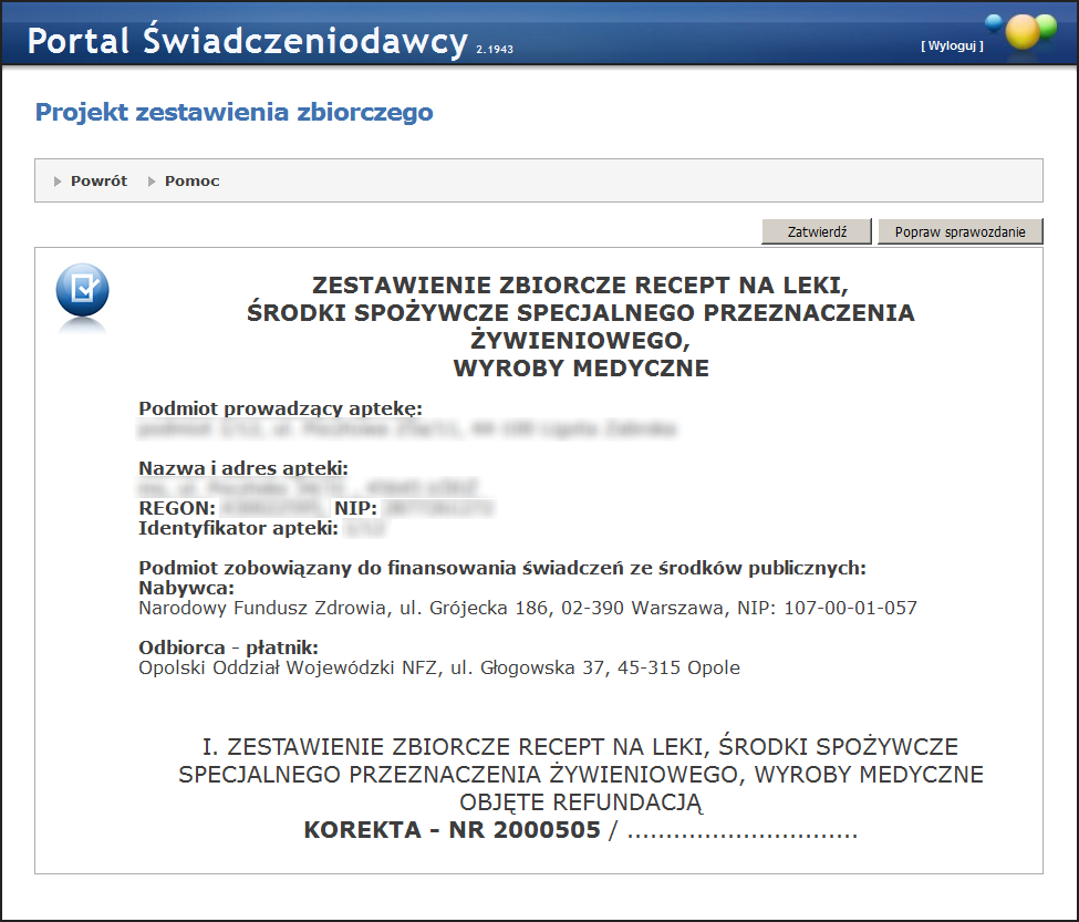 Przyciski umożliwiające zatwierdzenie lub odrzucenie i przejście do poprawienia sprawozdania widoczne na przeglądzie propozycji szablonu.