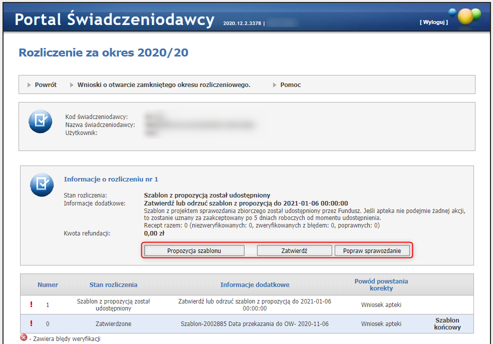 Przyciski umożliwiające przejrzenie propozycji szablonu, zatwierdzenie propozycji oraz jej odrzucienie i przejście do poprawienia sprawozdania.